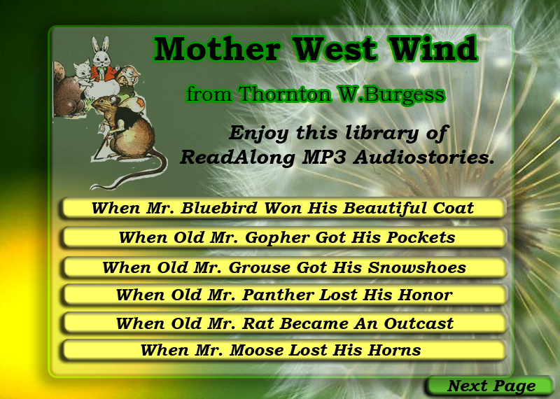 Marksworx collection of Mother West Wind Stories by Thornton W Burgess in mp3 format, runnerup of 1999AudieAward Best New Publisher